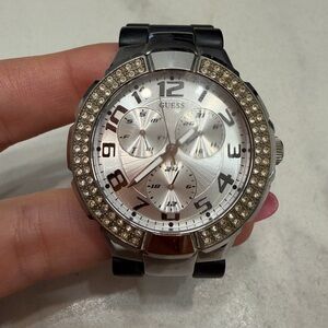 Guess Silver Watch with Black Strap and Crystal Details